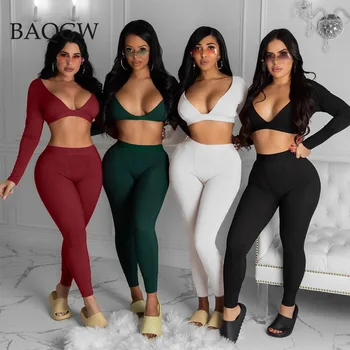 Spor Derin V Boyun İki Parçalı pantolon seti Bahar 2021 Eşofman Yüksek Kaliteli Tayt Eşofman Kadınlar için Seksi Kıyafetler Salonu
