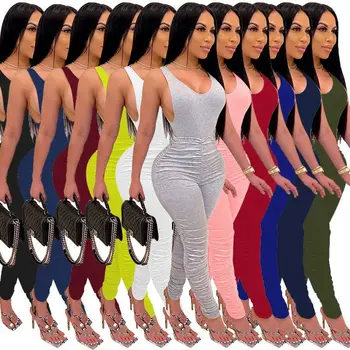 Spor Kadın 2 Parça Set Katı Kolsuz Bodysuit Yüksek Bel Yığılmış Pantolon Eşleşen Seti 2022 Yeni Egzersiz Giyim Eşofman
