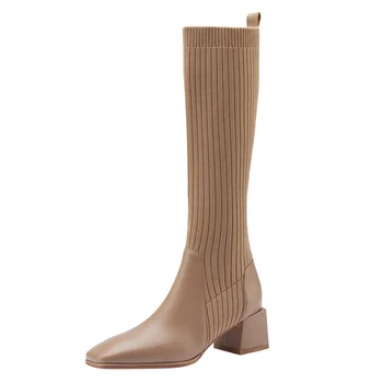 Streç Kumaşlar Diz Yüksek Çizmeler Kadın Kama Çorap Çizmeler Kare Ayak kadın ayakkabısı Sonbahar Kış Rahat Uzun Çizmeler İnce ayakkabı