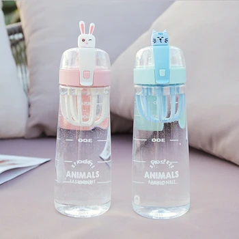 Su şişesi karikatür sevimli eğlenceli sevimli düz içme büyük kapasiteli plastik bardak yaratıcı öğrenci çift açık taşınabilir bardak