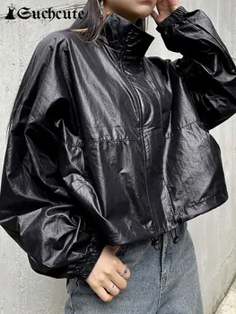 SUCHCUTE Gotik PU Zip Up Gevşek Ceketler Kpop Katı Turletneck Faks Deri Mahsul Dış Giyim Punk Tarzı Rahat Siyah Kıyafetler Sonbahar