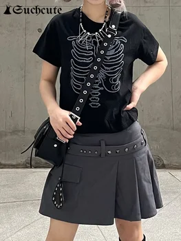 SUCHCUTE Gotik Sternum Baskı Kadın T-Shirt Koyu Akademi Kpop Moda Kırpma Üstleri Streetwear Punk Siyah Kısa Kollu Kazak