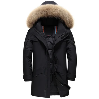 Sıcak Gerçek Kürk Yaka erkek Aşağı Ceket Kapşonlu Sıcak Kış Ceket Erkekler Sıcak 90 % Beyaz Ördek Aşağı Uzun Parka Yüksek Kaliteli Erkek Palto