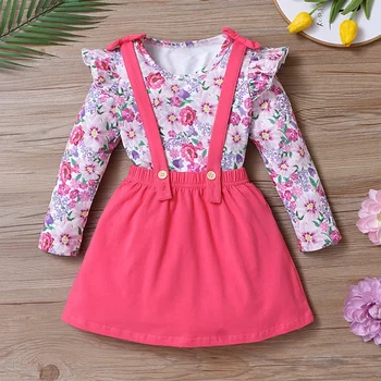 Sıcak Satış Kızlar Kıyafetler Çocuk Giysileri 2 Adet Setleri Çiçek Baskı Uçan Kollu Üstleri + askı Elbise Kız Giyim Seti Sonbahar 1-6Y