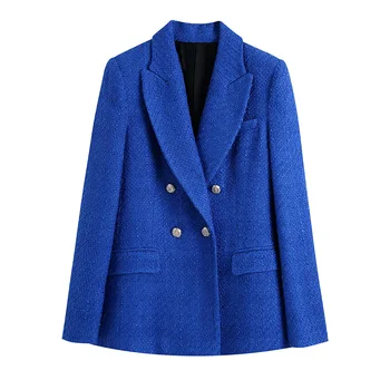 Takım elbise Blazer Ceket 2021 Moda Ofis Bayan Zarif Kruvaze Blazer Kadınlar Uzun Kollu Tepe Yaka Tüvit Blazers Ceketler