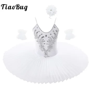 TiaoBug Çocuk Kız Rhinestones Sequins Tutu Bale Leotard Elbise Kol Kollu saç tokası Seti Performans Kuğu dans kostümü