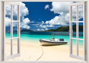 Tropica plaj 3D pencere duvar sticker, sahil duvar çıkartması ev dekor için, tekne duvar sanatı vinil kreş çocuk çocuk ev dekor