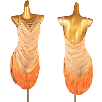 turuncu juvenille yetişkin fringe püskül latin elbise salsa elbise latin yarışması elbise latin dans elbise kızlar için lq015