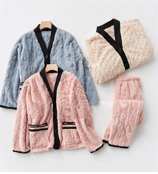 Tülin Moda 2022 Kalın 2 Parça Kadın Pijama Pazen kışlık pijama Rahat Zarif Sıcak Gecelik Mercan Polar Kıyafeti