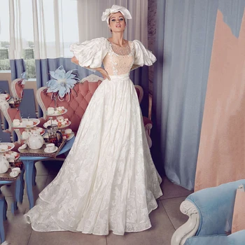 UZN Boho düğün elbisesi A-Line Puf Kısa Kollu derin yuvarlak yaka Dantel Boncuk Gelinlikler Zarif Dubai Yaylar Gelinler Elbise