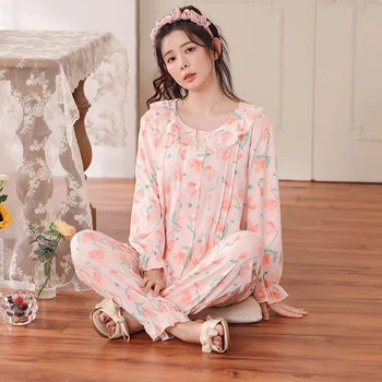 Uzun Kollu Kadın Pijama Çiçek Baskı Pijama Seti Kız Pijama Mujer Eğlence Gecelik M-4XL Ev Giyim