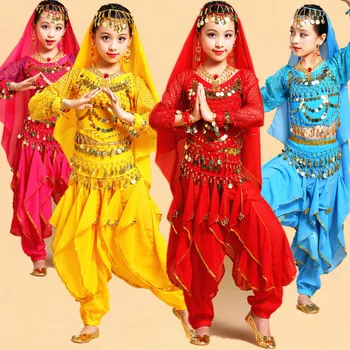 Uzun Kollu Çocuk Kız Oryantal Dans Kostüm Seti Çocuklar Performans Hint Dans Çocuk Kız Oryantal Dans Kız Mısır Dans Kostümleri