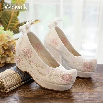 Veowalk 8cm Takozlar Kadın Pamuklu Kumaş platform ayakkabılar Vintage Bayanlar Ayak Bileği Kayışı Pompaları Rahat İşlemeli Hanfu Ayakkabı