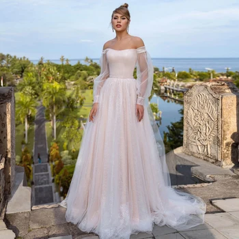 Vestido De Noiva Kapalı Omuz Bir Çizgi düğün elbisesi 2021 Glitter Tül Sheer Kollu Gelin Elbise Custom Made