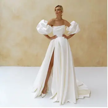 vinca güneşli novias Zarif Saten Gelinlik 2023 Kısa Puf Kollu Düz Beyaz gelin kıyafeti Yan Yarık Vestido de Novia