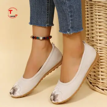 Vintage Nakış Kadınlar Flats Lotus İşlemeli Pamuklu Kumaş Ayakkabı Kadın Konfor Yumuşak Taban düz ayakkabı üzerinde Kayma 2022