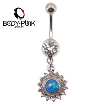 VÜCUT PUNK Seksi Kadın Mavi Opal Merkezi Güneş Dangle Göbek göbek piercingi Halter Cerrahi Çelik Göbek Piercing göbek takısı