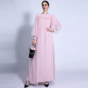 Wepbel Maxi Müslüman Elbise Abaya Kadınlar Arap Nokta Örgü Fener Kollu İslam Elbise Dantel-up Gevşek Büyük Salıncak Bayram Robe Kaftan Abaya