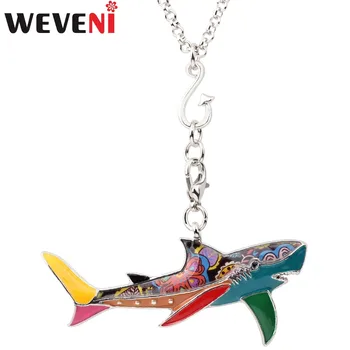 WEVENI Emaye Metal Alaşım Köpekbalığı Kolye Kolye Zinciri Yaka Moda Okyanus Deniz hayvan figürlü mücevherat Kadınlar Için kız çocuk aksesuarları Hediye