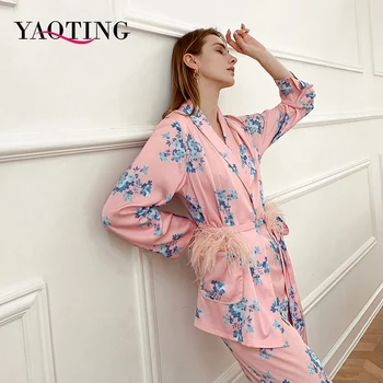 YAOTING Katı Kadın Elbiseler Sashes İle 2 Parça Set Bilek Uyku Üstleri saten Pantolon Gevşek Pijama Rahat Pijama Kadın Ev Takım Elbise