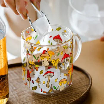Yaratıcı Isıya Dayanıklı Cam kulplu kupa Kahvaltı süt kupası Sevimli Ofis Ev Kahve Kupaları Limon Mantar Desen Drinkware