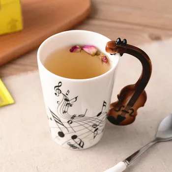 Yaratıcı Müzik Keman Tarzı Gitar Notları seramik fincan Suyu Kahve Çay Süt Bira Kırmızı Şarap Ahşap Saplı Roman Hediyeler
