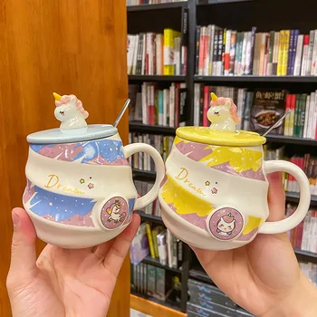 Yaratıcı Unicorn Kahve kapaklı kupa Sevimli Karikatür Kawaii Iplik Seramik Süt çay fincanları Paslanmaz Çelik Kaşık ıle 450 ml Tumbler