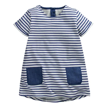 Yaz Bebek Kız Elbise, Donanma çizgili elbise, Çift Cepler, Geri Düğmeleri, Pamuk Rahat Çocuk Giysileri, Yeni Giyim Tarzı (1-6 Yıl)
