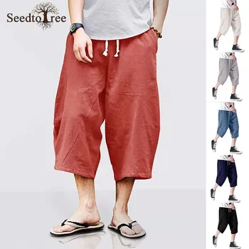 Yaz gündelik erkek pantolonları Düz Renk Buzağı Uzunlukta Pantolon Gevşek Çapraz Pantolon