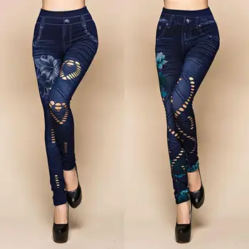 Yaz Kadın Seksi Hollow Cut Elastik Pantolon Çiçek Baskı Skinny Jeans Denim Tayt Bir Boyut