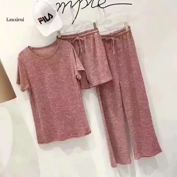 Yaz Kadın Tembel Üç parçalı Takım Elbise İpli Pijama bol tişört Şort pantolon seti Spor Ev Giyim