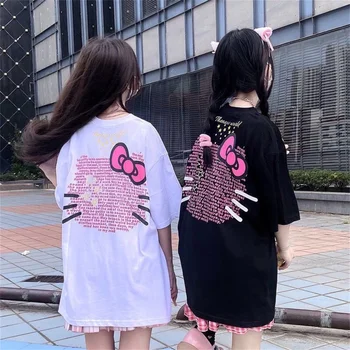 Yaz Kawaii Kedi Baskı T Shirt Japonya Kadın Gotik Harajuku Gevşek Tshirt Streetwear Kadınlar Casual Serin Siyah Hip Hop T Shirt