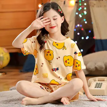 Yaz Kız Pijama Set Pamuk Çocuk Giyim Kısa Kollu Ev Tekstili Sevimli Pijama Çocuk Bebek Pijama Set Boyutu 8 10 yıl giymek