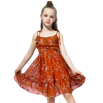 Yaz Kız Plaj Elbise İngiltere Tarzı Zarif Diz Boyu Çiçek Baskı Fırfır Prenses Sling Elbiseler Tatil çocuk giyim