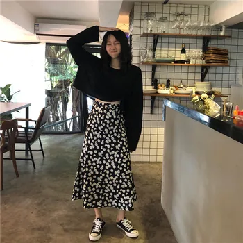 Yaz Vintage Çiçekli Baskı Fırfır kawaii falda Uzun Harajuku Kadın Kore Streetwear Elastik Bel Midi Etek Siyah Seksi Etek