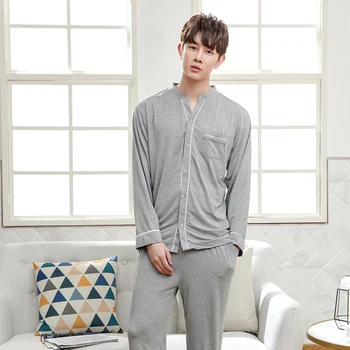 Yeni Geliş Erkek 2 ADET Modal Pijama Set Uzun Kollu V Yaka Gece Suit Casual Gecelik Gevşek Bambu elyaf Nighty
