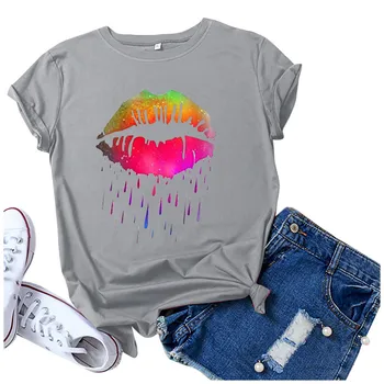 Yeni kadın Dudak Grafik T Shirt Kısa Kollu Üst Yaz Renkli Baskı Artı Boyutu dişi t parça Gömlek Tops