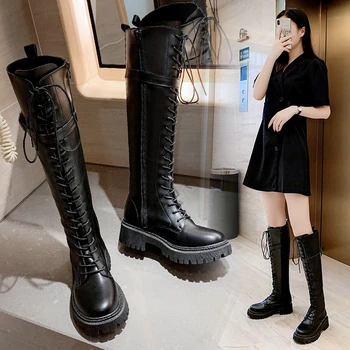 Yeni kadın Savaş Botları Seksi İnce Siyah PU Deri dantel-up Diz Yüksek Çizmeler Sonbahar Kış Gotik Punk Tarzı Kadın Uzun Çizmeler