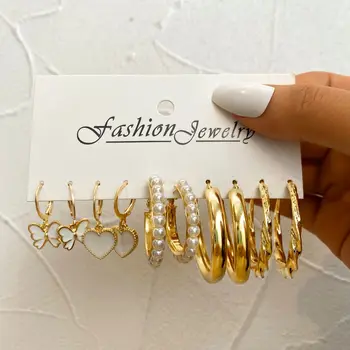 Yeni Moda küpe seti Beyaz Damla Sırlı Aşk Kalp Kelebek İmitasyon İnci Altın Renk Hoop Küpe Kadınlar Takı için