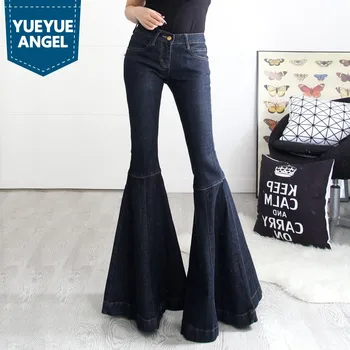 Yeni Moda Orta Bel Kot Vintage Büyük Flare Pantolon Kadın Geniş Bacak Uzun Denim Pantolon Slim Fit Çan Alt Kot Pantolon