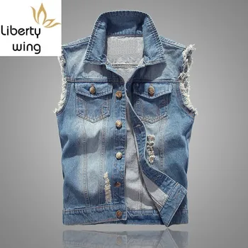 Yeni Varış kot yelek Kore Tarzı Ince ışık Mavi Kolsuz Ceket Artı Boyutu 6xl Yırtık Üstleri Ceket Erkekler Kot Yelek