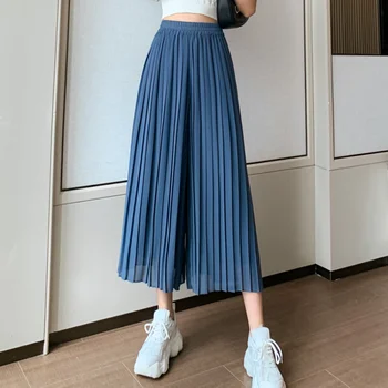 Yeni Yaz Şifon Geniş bacak Pantolon Kadın Rahat Elastik Yüksek Bel Pilili Etek Pantolon Bayanlar Mavi Gevşek Pantolon