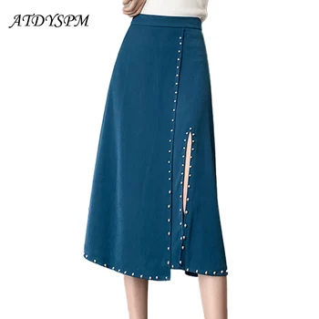 Yeni Şık Boncuklu Yüksek Bel A-Line Etekler Kadın Yumuşak Örtü Bölünmüş Midi Etekler Vintage Bayanlar Streetwear Gevşek Rahat Etekler