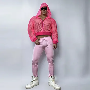 Yetişkin Erkek Gece Kulübü dans kostümü Pembe Örgü Hip Hop Kapüşonlu Ceket Ceket Sıkı Pantolon Seksi DJ Gogo dans kostümü Parti Rave Kıyafet