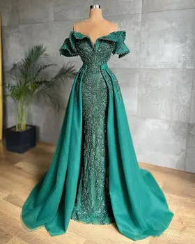 Yeşil Abiye Kolsuz V Boyun Ayrılabilir Tren Dantel Sequins Aplikler Mermaid Ünlü Parlak balo kıyafetleri Custom Made