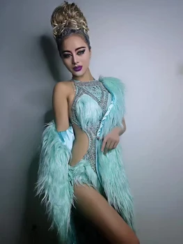 Yeşil Beyaz Pembe Tüyler Ceket Sparkly Kristal Seksi Hollow Out Bodysuit Gece Kulübü DJ Şarkıcı Sahne Kostüm Dans Performansı Giyim