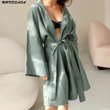 Yeşil Gevşek Elbiseler Kadın Pijama pamuklu uzun kollu tişört kadın Sabahlık Seksi Mini Elbise 2022 Bahar Bornoz Kadın