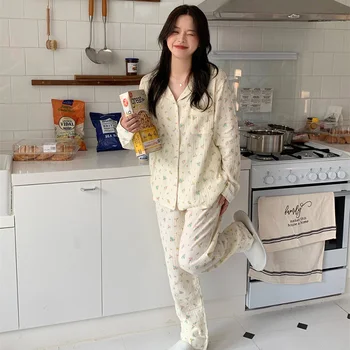 Yumuşak Sonbahar Yıpratır Ev Uzun Kollu Prenses Pijama Set Kadın Kare Yaka Dantel Uzun Pijama Pamuk Kawaii Zarif Rahat