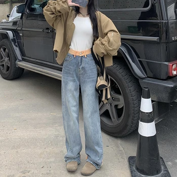 Yüksek Bel Vintage kadın Kot Şık Tasarım Sonbahar Baggy Düz Streetwear Kore Moda Kot Pantolon Geniş Bacak Anne Pantolon