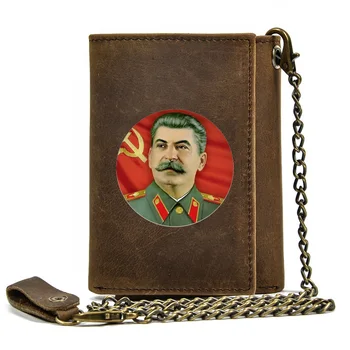 Yüksek Kaliteli Erkek Hakiki deri cüzdan Anti Hırsızlık Çile Demir Zincir Klasik Sovyet Kahraman Stalin Kapak kart tutucu Kısa çanta